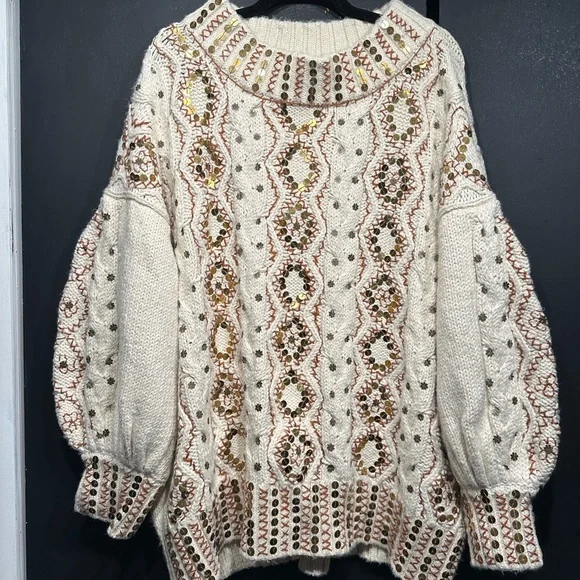 Free People Guilded Cream and Gold Embroidered Sweater - Picture 7 of 7